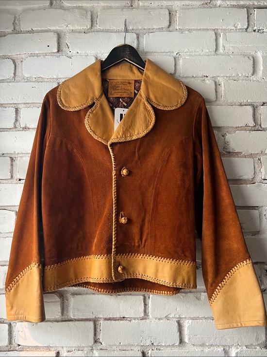 Vintage Jackets & Blazers - 70s Made in Mexico handmade Suede Two-Tone Brown Leather Trim Jacket - Women